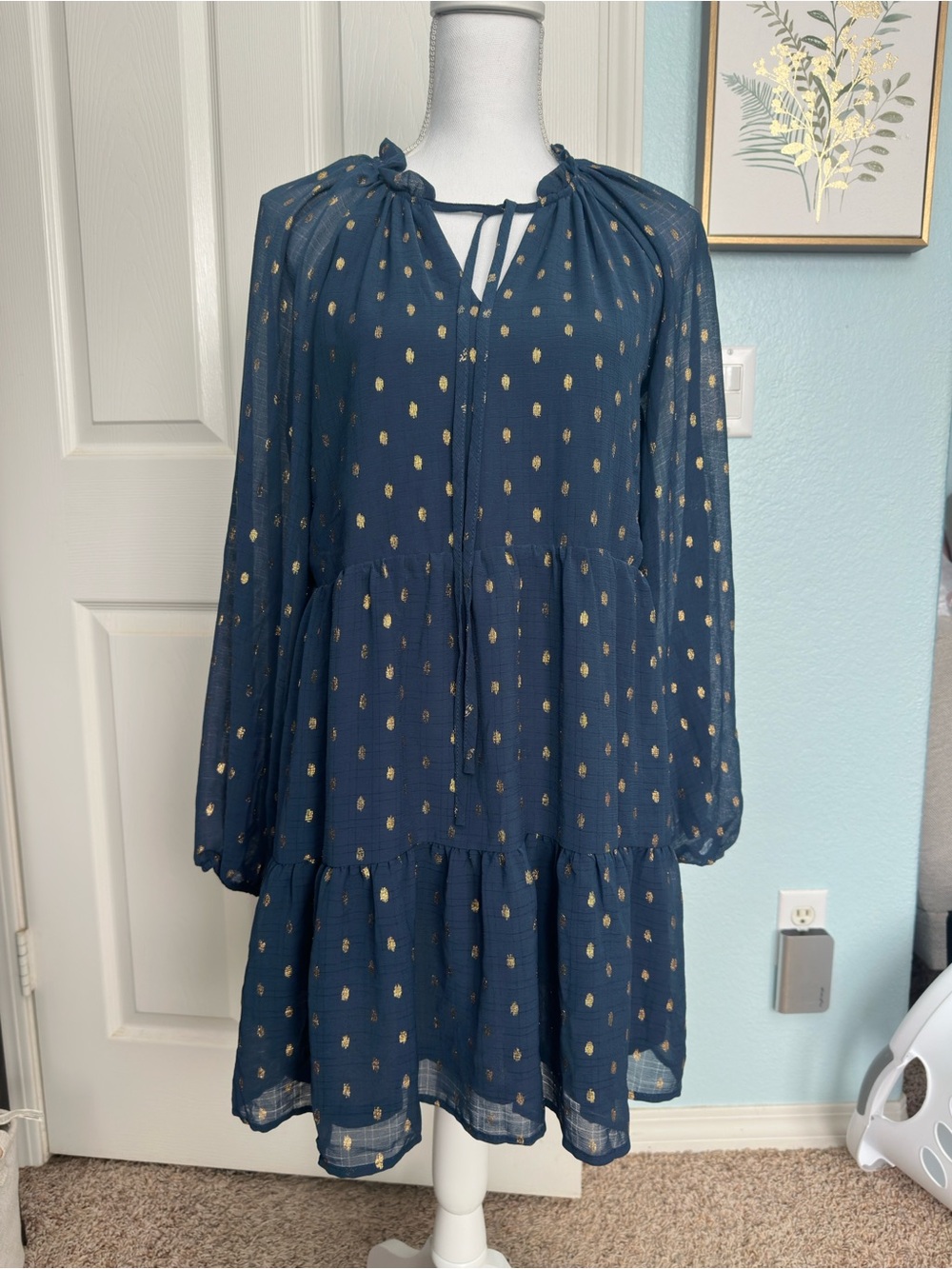 Blu Pepper Women’s Navy Blue Long Sleeve Tiered Dress with Gold Dot Accents